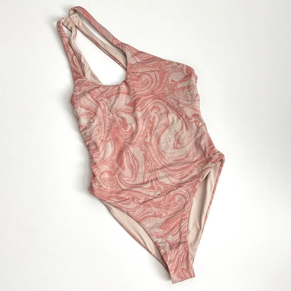 L*Space Blush Tan Shimmer Swirl One Shoulder Cutout One Piece Swimsuit Sz M